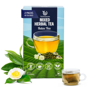 Relax Herbal Tea with Jasmine Oolong – 2.8oz (40 Tea Bags) | Tieguanyin Base with Ampelopsis, Passionflower & Honeysuckle | Jasmine Infusion, Caffeine-Free, Relax & Digestive Support